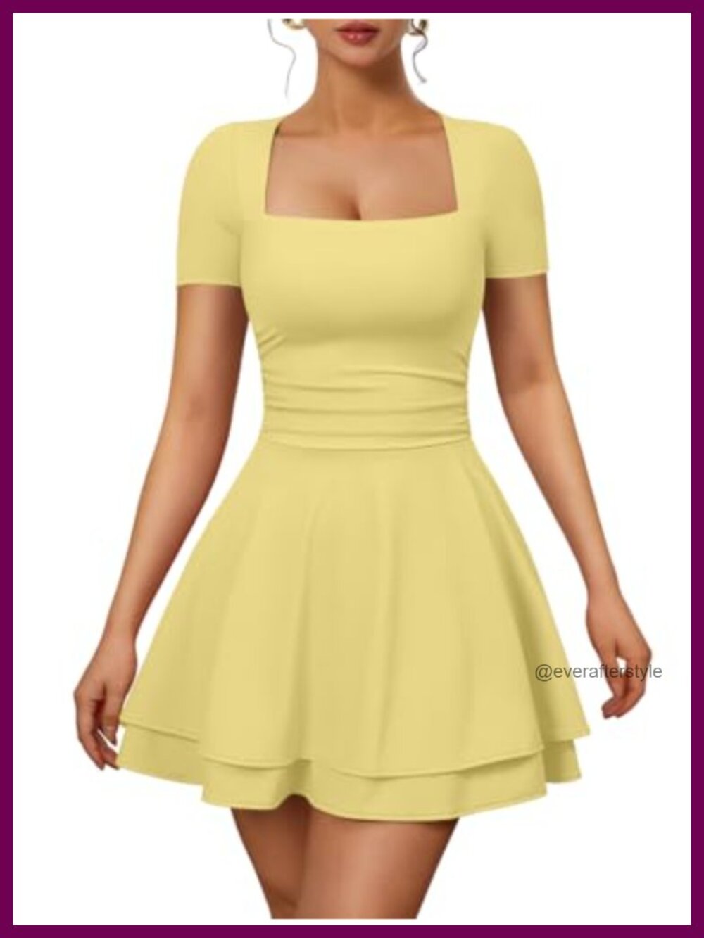 Womens Square Neck Short Sleeve Ruched Waist Mini Club Dress